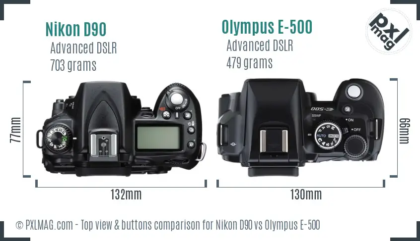 Nikon D90 vs Olympus E-500 top view buttons comparison