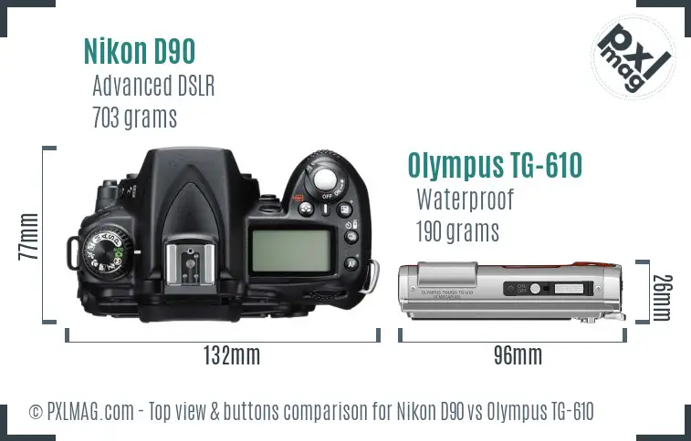 Nikon D90 vs Olympus TG-610 top view buttons comparison