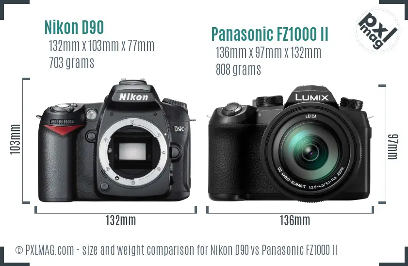Nikon D90 vs Panasonic FZ1000 II size comparison