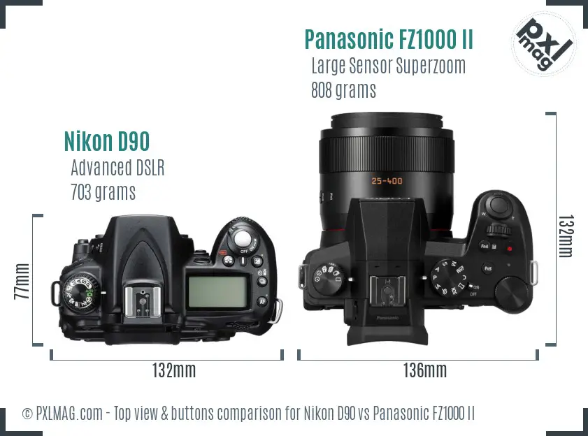 Nikon D90 vs Panasonic FZ1000 II top view buttons comparison