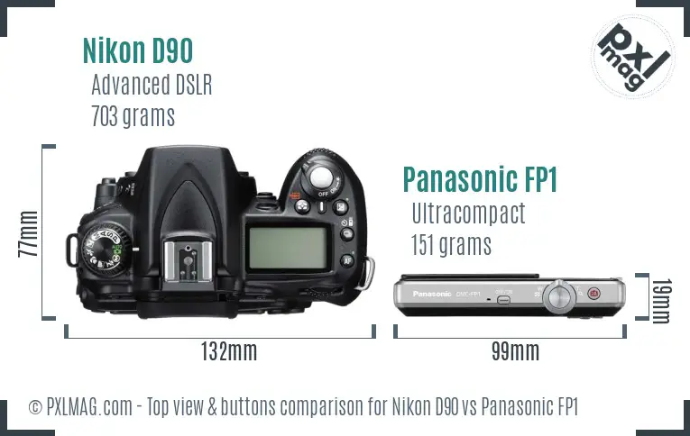 Nikon D90 vs Panasonic FP1 top view buttons comparison