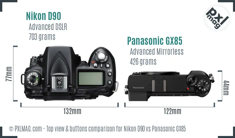 Nikon D90 vs Panasonic GX85 top view buttons comparison