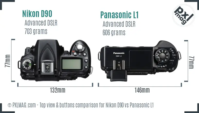 Nikon D90 vs Panasonic L1 top view buttons comparison