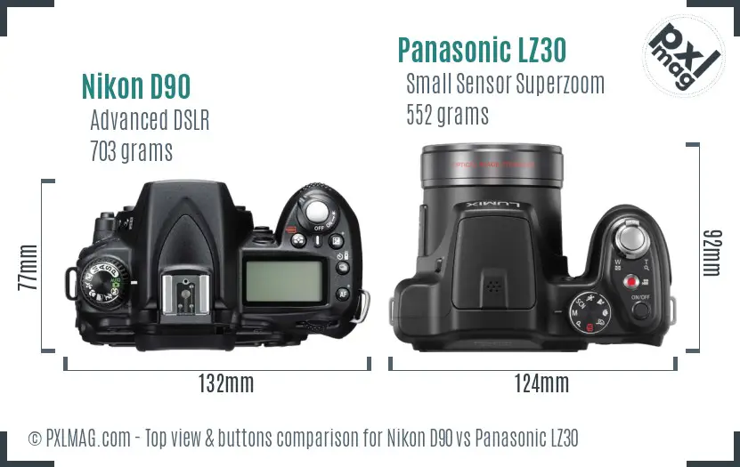 Nikon D90 vs Panasonic LZ30 top view buttons comparison
