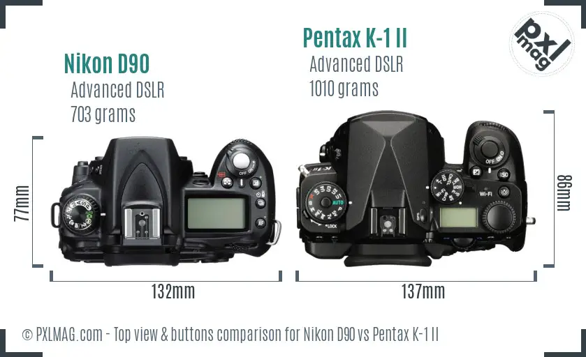 Nikon D90 vs Pentax K-1 II top view buttons comparison