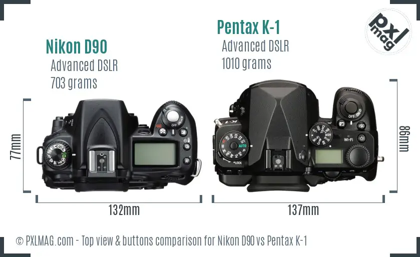 Nikon D90 vs Pentax K-1 top view buttons comparison