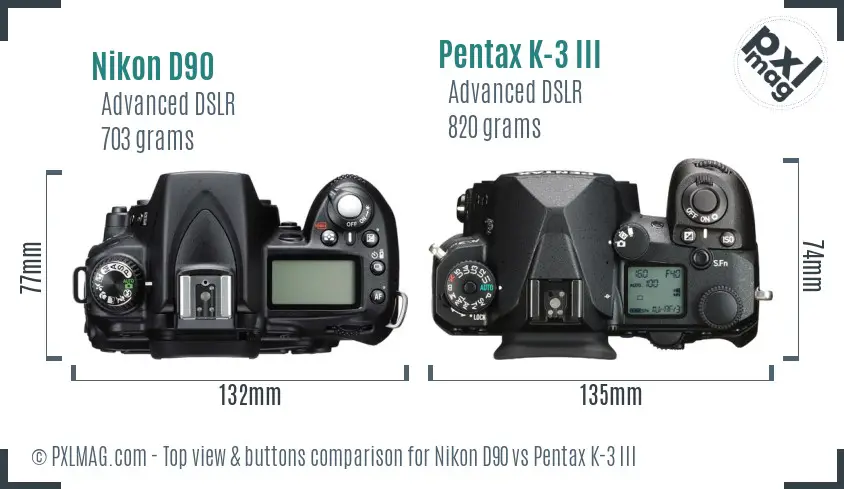 Nikon D90 vs Pentax K-3 III top view buttons comparison