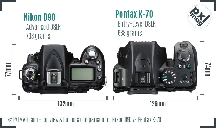 Nikon D90 vs Pentax K-70 top view buttons comparison