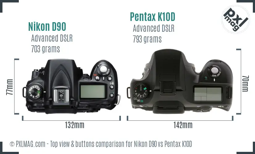 Nikon D90 vs Pentax K10D top view buttons comparison