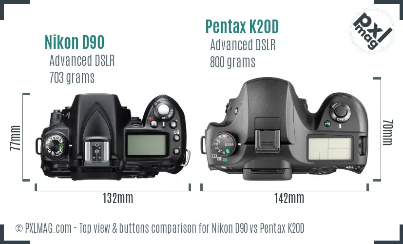 Nikon D90 vs Pentax K20D top view buttons comparison