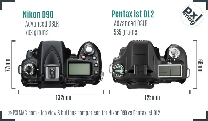 Nikon D90 vs Pentax ist DL2 top view buttons comparison
