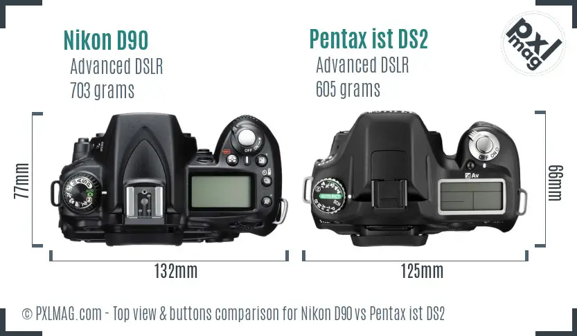 Nikon D90 vs Pentax ist DS2 top view buttons comparison Nikon D90 vs Pentax ist DS2 top view buttons comparison