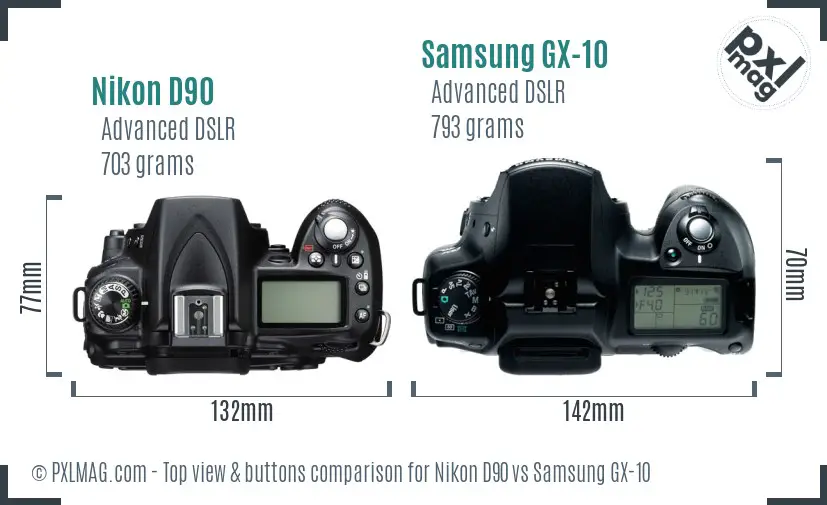 Nikon D90 vs Samsung GX-10 top view buttons comparison
