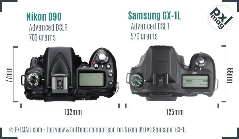 Nikon D90 vs Samsung GX-1L top view buttons comparison