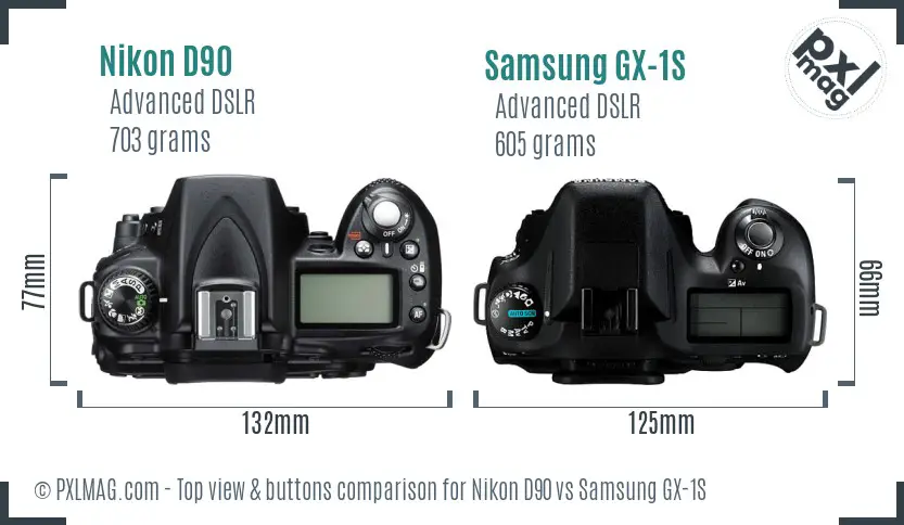 Nikon D90 vs Samsung GX-1S top view buttons comparison