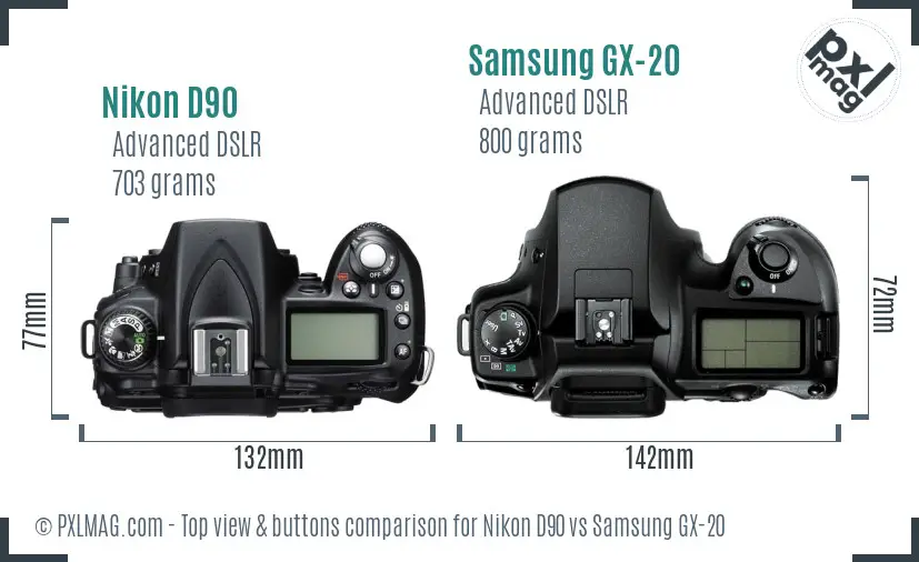 Nikon D90 vs Samsung GX-20 top view buttons comparison