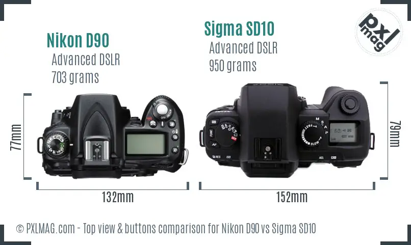 Nikon D90 vs Sigma SD10 top view buttons comparison