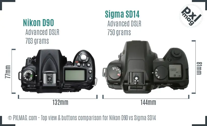 Nikon D90 vs Sigma SD14 top view buttons comparison