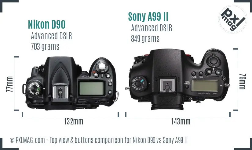 Nikon D90 vs Sony A99 II top view buttons comparison
