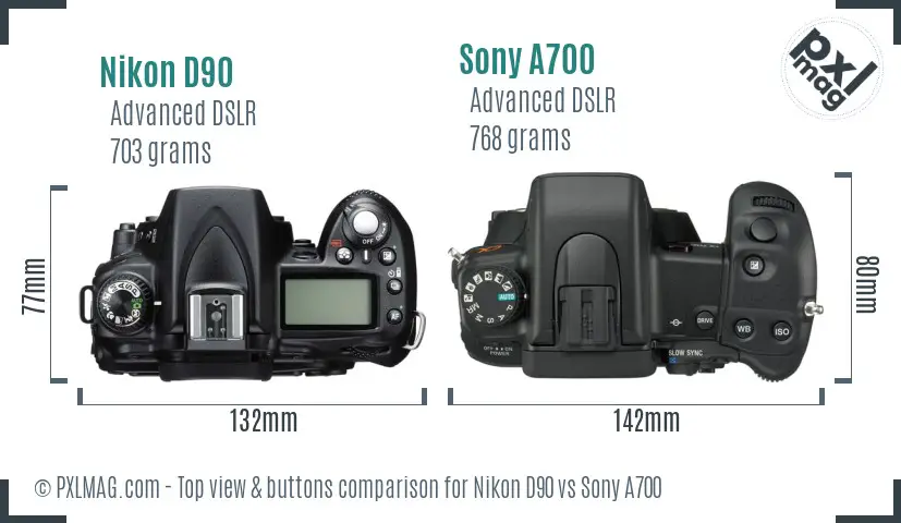 Nikon D90 vs Sony A700 top view buttons comparison Nikon D90 vs Sony A700 top view buttons comparison