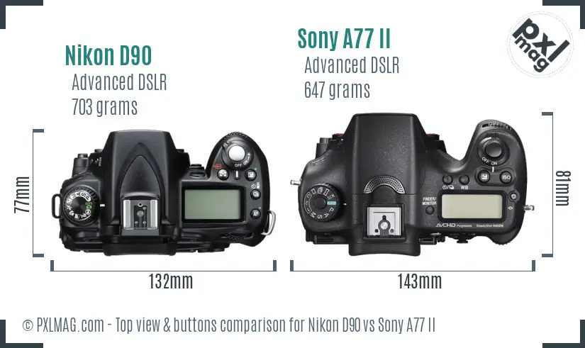 Nikon D90 vs Sony A77 II top view buttons comparison