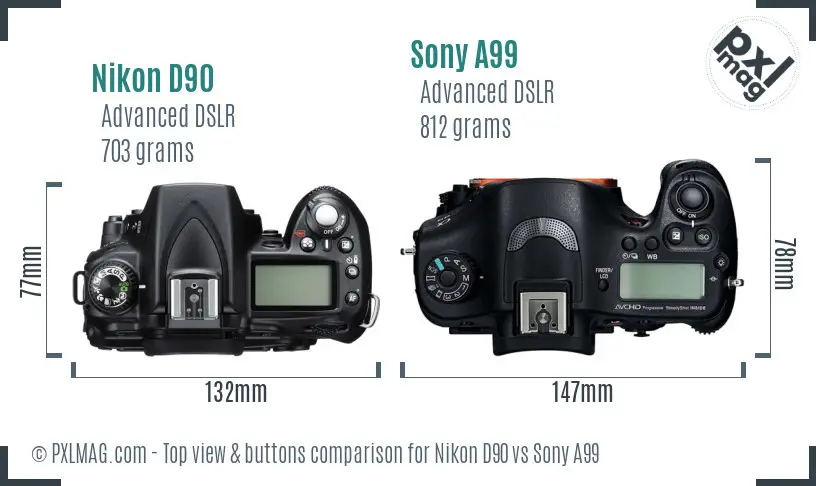 Nikon D90 vs Sony A99 top view buttons comparison