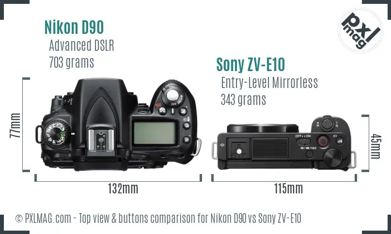 Nikon D90 vs Sony ZV-E10 top view buttons comparison