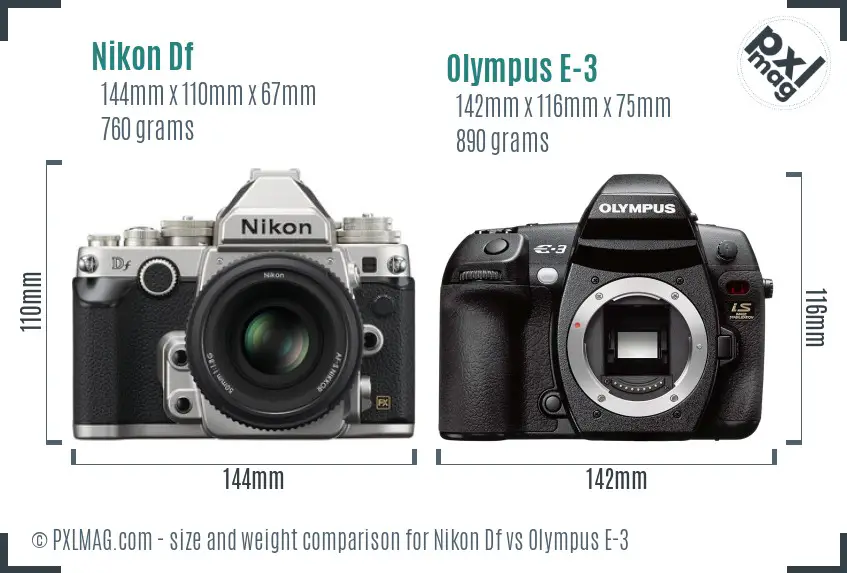Nikon Df vs Olympus E-3 size comparison