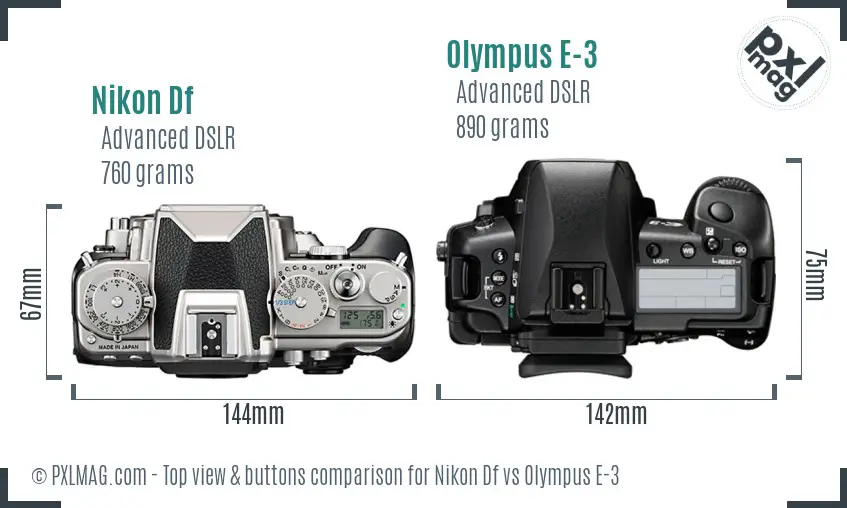 Nikon Df vs Olympus E-3 top view buttons comparison