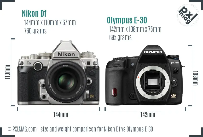 Nikon Df vs Olympus E-30 size comparison