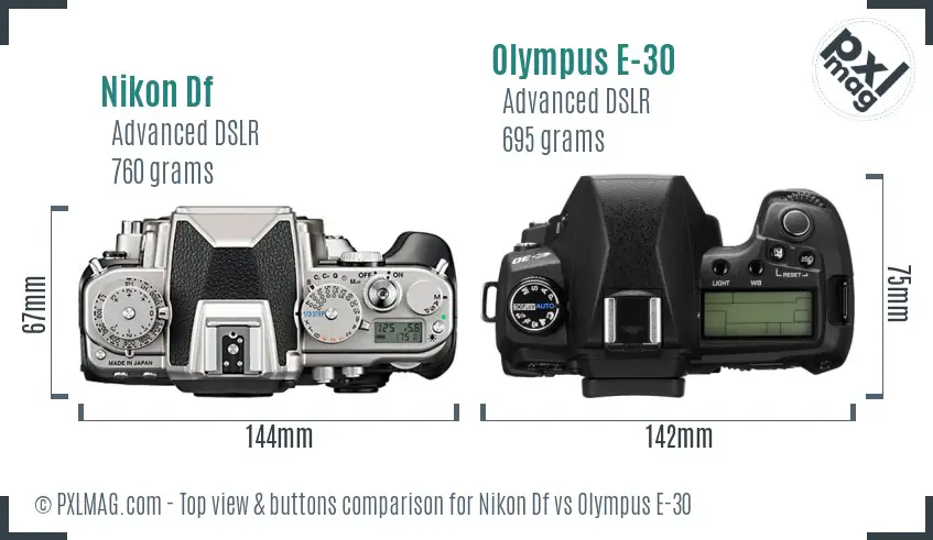 Nikon Df vs Olympus E-30 top view buttons comparison