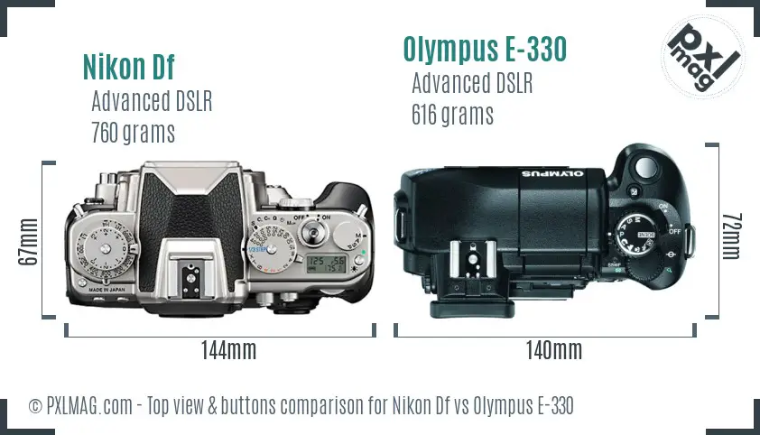 Nikon Df vs Olympus E-330 top view buttons comparison