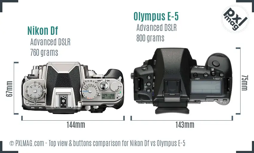 Nikon Df vs Olympus E-5 top view buttons comparison