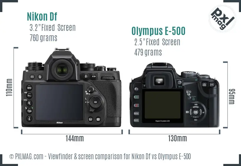 Nikon Df vs Olympus E-500 Screen and Viewfinder comparison