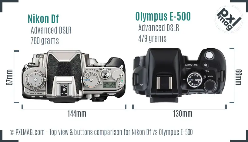 Nikon Df vs Olympus E-500 top view buttons comparison