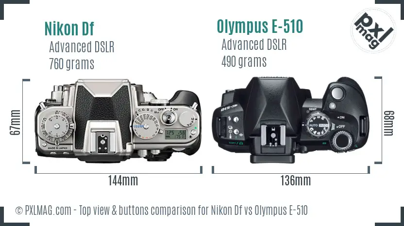 Nikon Df vs Olympus E-510 top view buttons comparison