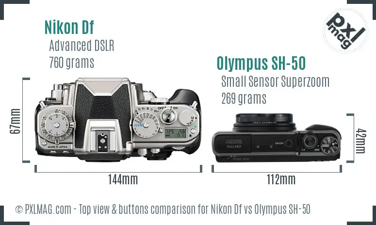 Nikon Df vs Olympus SH-50 top view buttons comparison