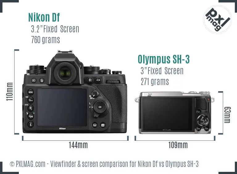 Nikon Df vs Olympus SH-3 Screen and Viewfinder comparison