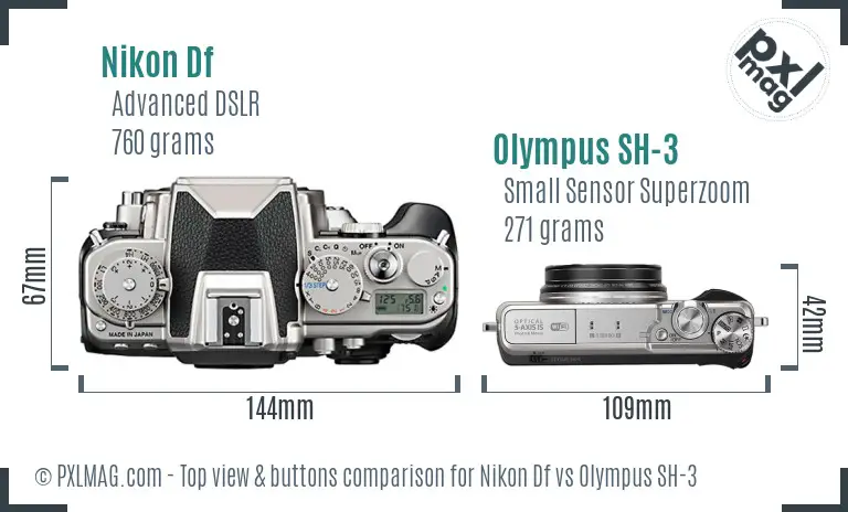 Nikon Df vs Olympus SH-3 top view buttons comparison