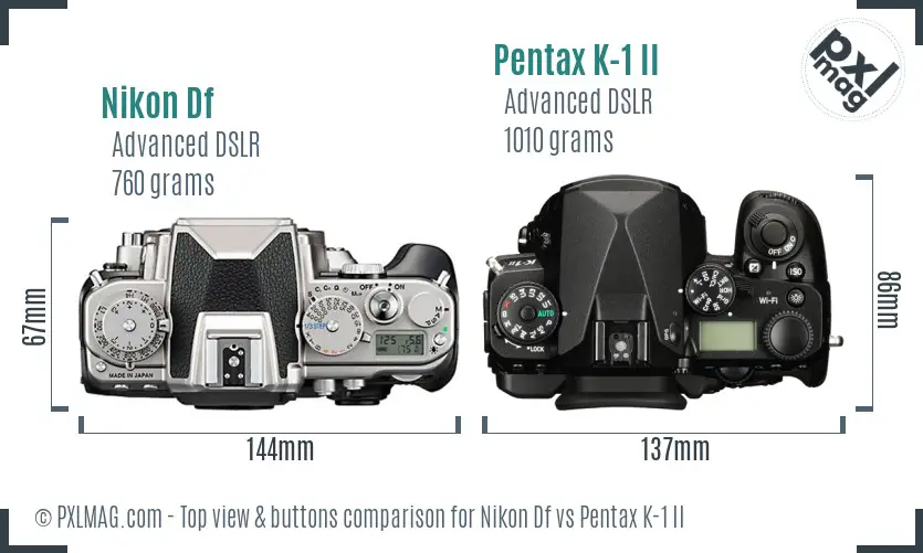 Nikon Df vs Pentax K-1 II top view buttons comparison