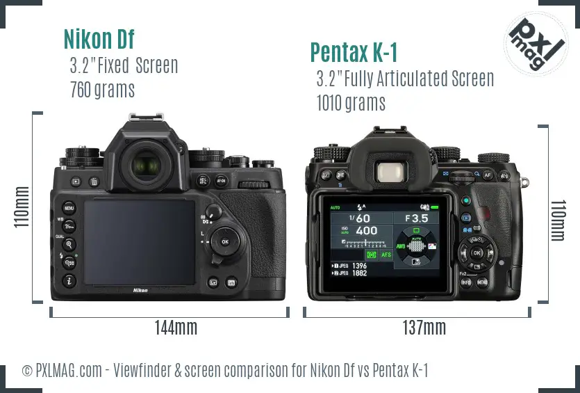 Nikon Df vs Pentax K-1 Screen and Viewfinder comparison