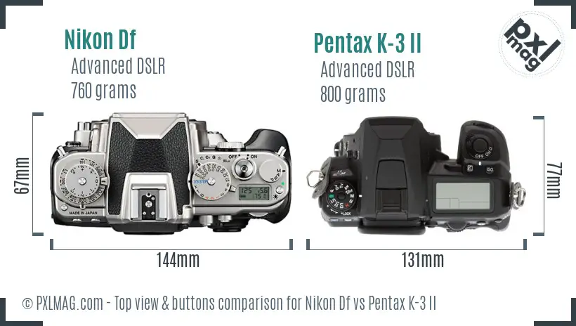 Nikon Df vs Pentax K-3 II top view buttons comparison