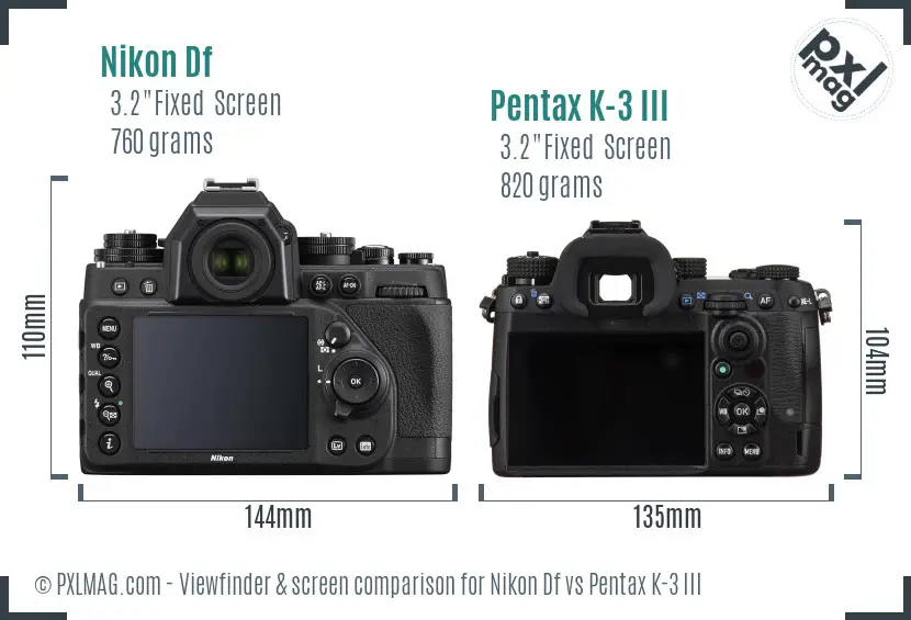 Nikon Df vs Pentax K-3 III Screen and Viewfinder comparison