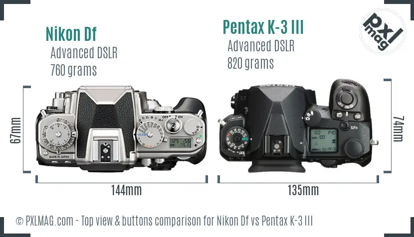 Nikon Df vs Pentax K-3 III top view buttons comparison