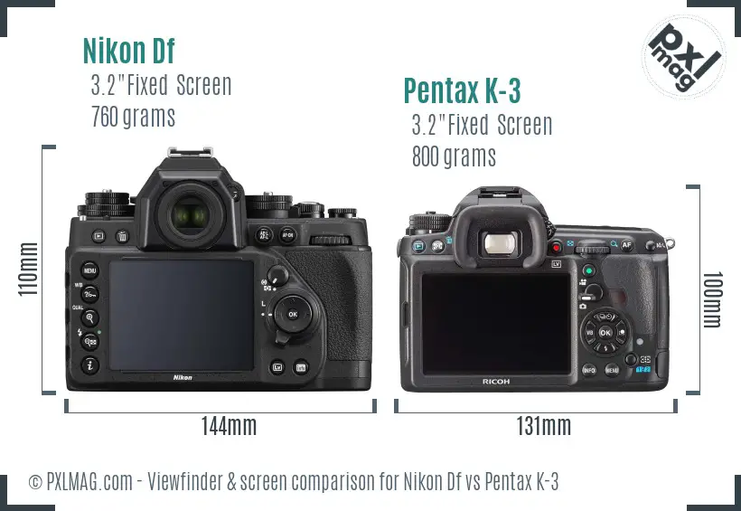 Nikon Df vs Pentax K-3 Screen and Viewfinder comparison