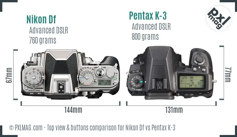 Nikon Df vs Pentax K-3 top view buttons comparison