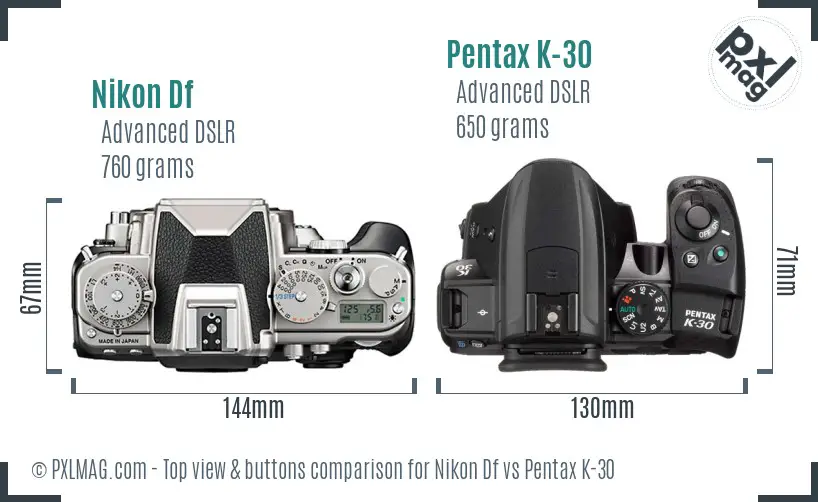 Nikon Df vs Pentax K-30 top view buttons comparison