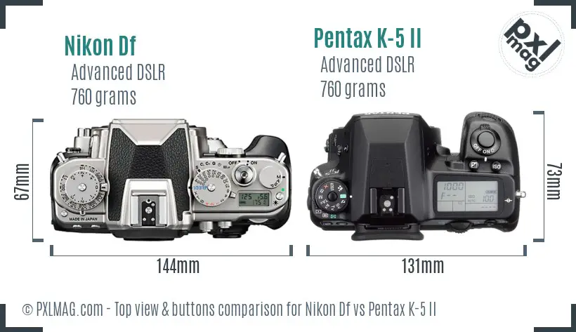 Nikon Df vs Pentax K-5 II top view buttons comparison
