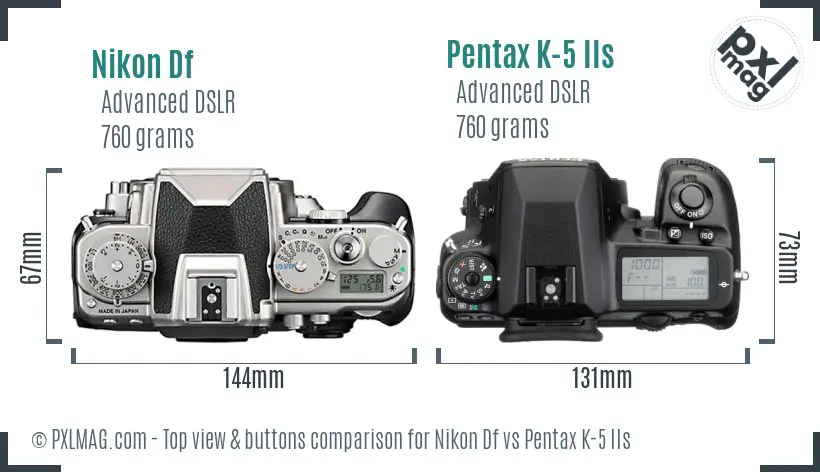 Nikon Df vs Pentax K-5 IIs top view buttons comparison
