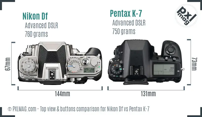 Nikon Df vs Pentax K-7 top view buttons comparison